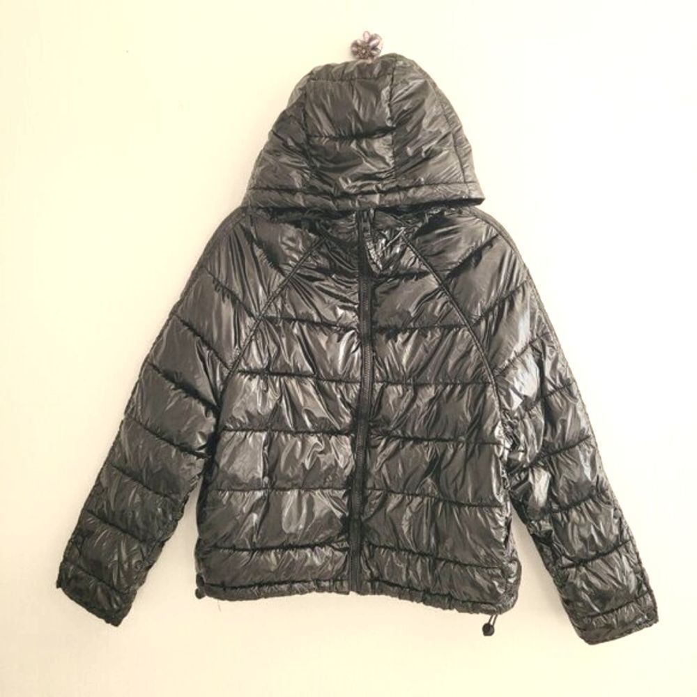 ZARA black patent leather like gloss water repellent puffer short parka